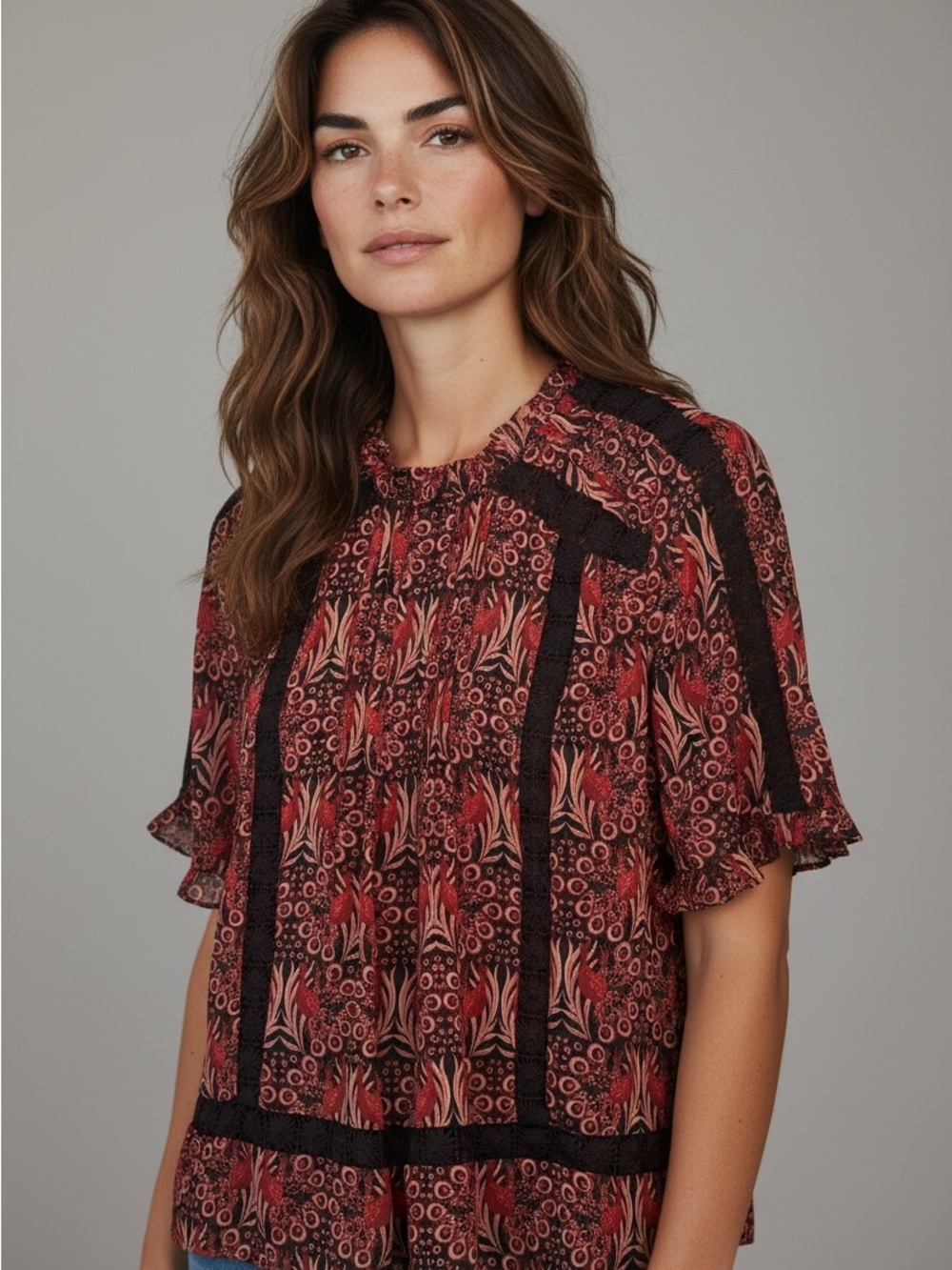 Daniel Rainn Red Floral Pintuck Blouse with Black Trim